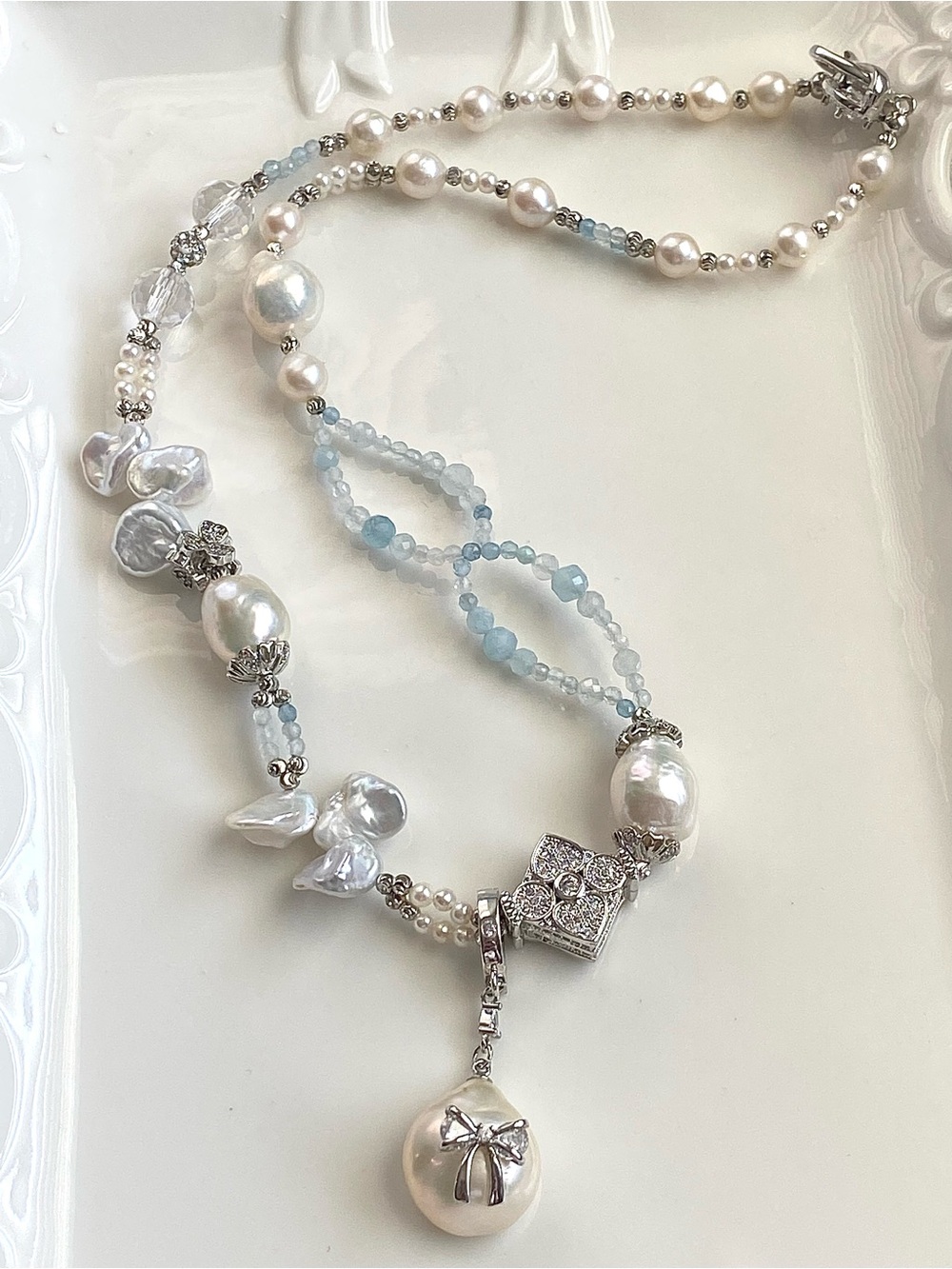 GP72-Handmade Braided Aquamarine, Keshi Pearl And Edison Pearl Necklace